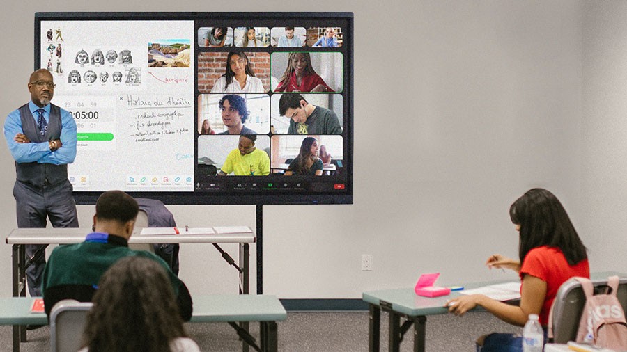 écran numérique interactif de visioconférence en classe hybride avec caméra et micros intégrés