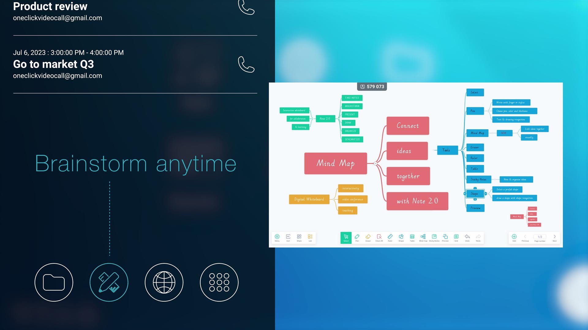 Salle de réunion équipée d'un écran de visioconférence avec une interface Android fluide.
